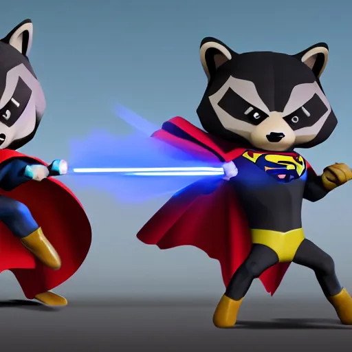 Prompt: Raccoon-superman fighting against darth-raccoon on a kirby-themed super-smash-bros-level, super highly detailed, professional digital painting, artstation, concept art, smooth, sharp focus, no blur, no dof, extreme illustration, Unreal Engine 5, Photorealism, HD quality, 8k resolution, cinema 4d, 3D, beautiful, cinematic, art by artgerm and greg rutkowski and alphonse mucha and loish and WLOP
