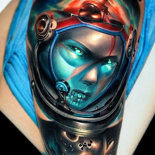 Prompt: cyberpunk underwater diver tattoo design, on white skin, by artgerm