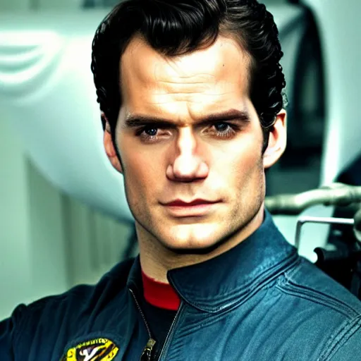 Image similar to Henry Cavill as pilot in Top Gun, promo shoot, studio lighting