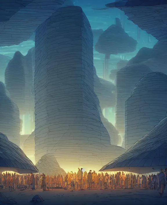 Image similar to minimalist building made from exotic fungus, crowds of people, by dan mumford, yusuke murata, makoto shinkai, ross tran, cosmic, hellish, god rays, cinematic, unreal engine, cel shaded, featured on artstation, pixiv