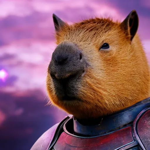 Prompt: a capybara wearing thanos armour, cinematic lighting, hd 4 k photo