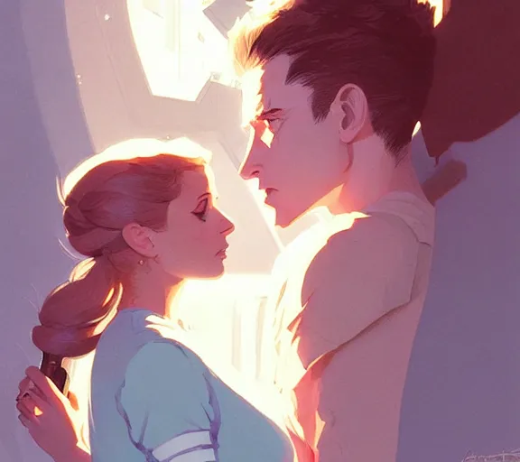 Image similar to portrait of angel kissing buffy by atey ghailan, by greg rutkowski, by greg tocchini, by james gilleard, by joe fenton, by kaethe butcher, dynamic lighting, gradient light blue, brown, blonde cream and white color scheme, grunge aesthetic