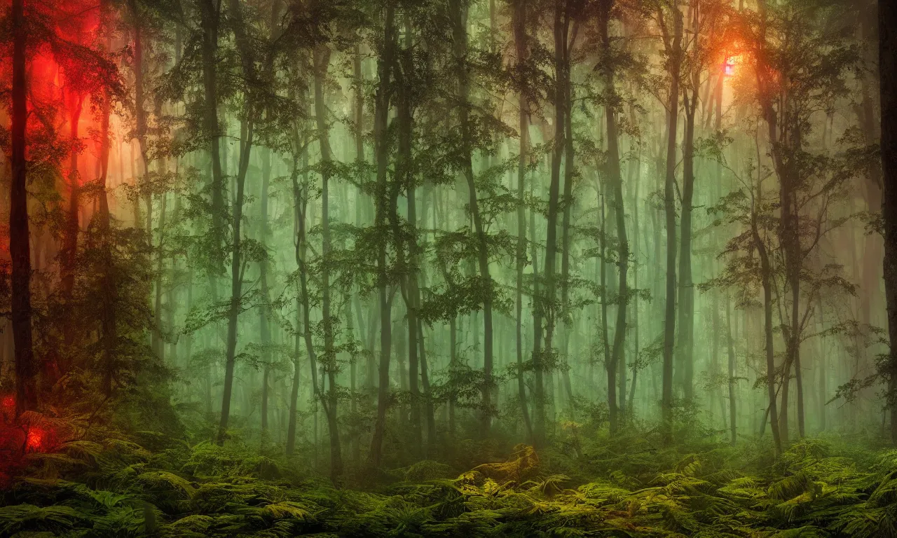 Prompt: photograph of a dense mystic forest, mystic hues, breathtaking lights shining, psychedelic fern, tyndall effect, lantern fly, dense forest, foggy, 4k, Acid Pixie, by thomas kinkade