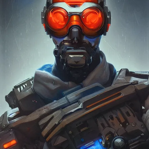 Image similar to science-fiction character portrait of Soldier 76 from Overwatch, wearing cybernetic visor, dystopian mood, intricate, wild, highly detailed, digital painting, artstation, upper body, concept art, smooth, sharp focus, illustration, art by artgerm and greg rutkowski and alphonse mucha