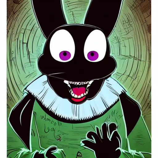 Image similar to A extremely highly detailed majestic hi-res beautiful, highly detailed head and shoulders portrait of a scary terrifying, horrifying, creepy black cartoon rabbit with scary big eyes, earing a shirt laughing, hey buddy, let's be friends, in the style of Walt Disney animation