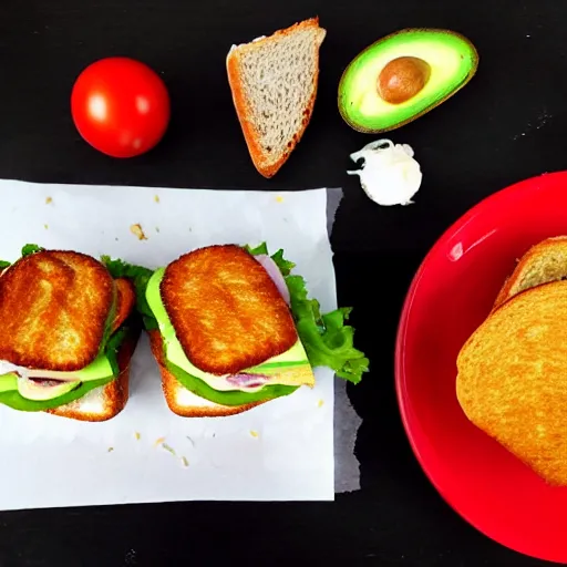 Image similar to sandwich with fried tofu, one red tomato slice, mayo, onion, avocado, melted cheddar, in a red dish, background saturn and stars in the sky