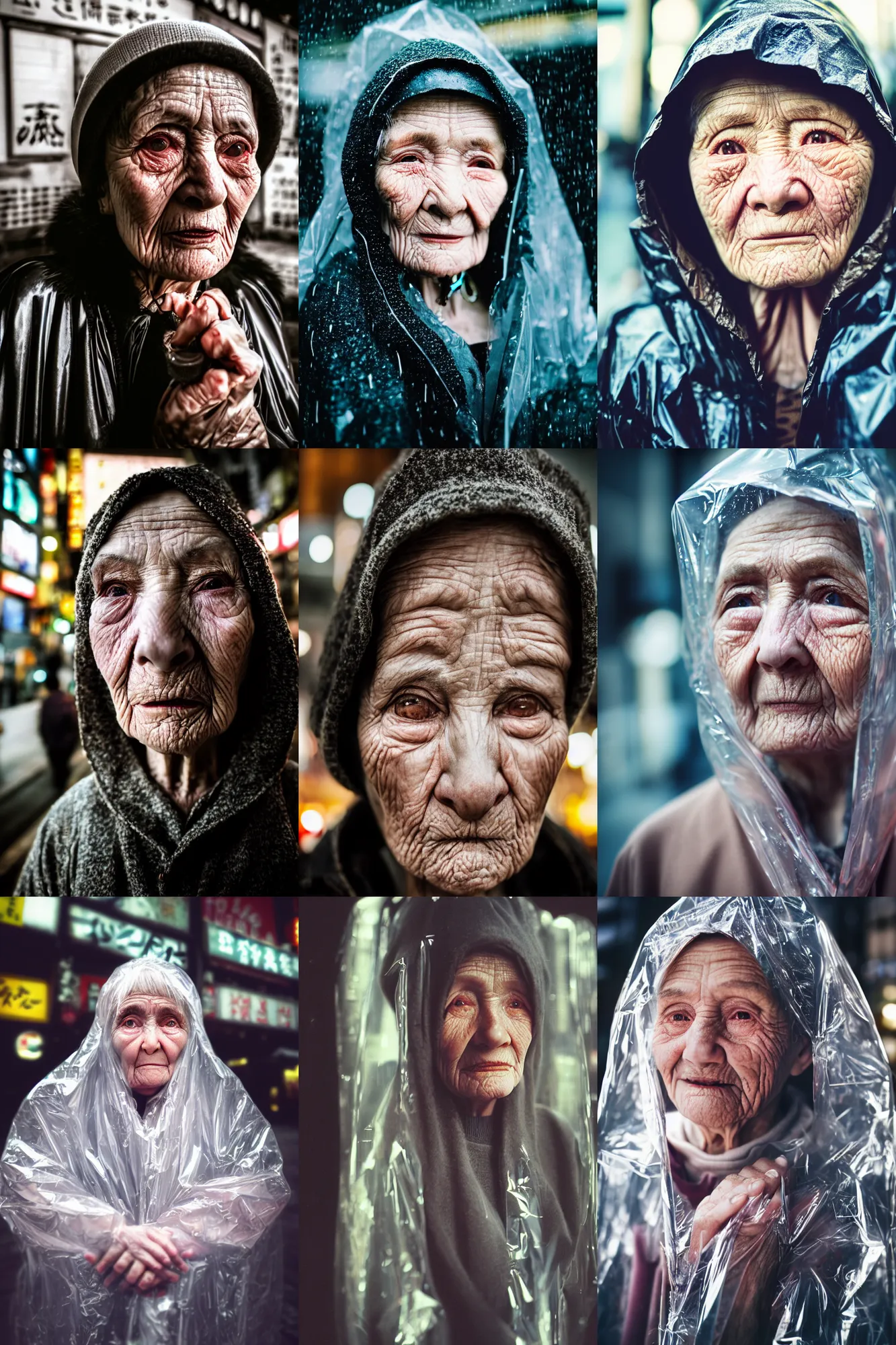 Prompt: Kodak Portra 400, 8K, highly detailed, old woman 3/4 extreme closeup portrait, clear eyes, focus on clear transparent raincoat model, tilt shift h.r giger style background: famous blade runner remake, tokyo izakaya scene