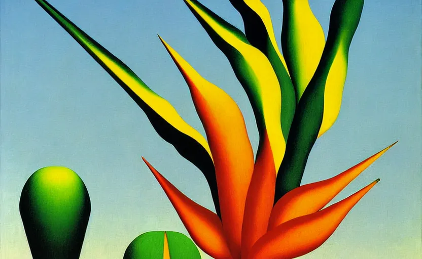 Image similar to geometric painting of birds of paradise by rene magritte