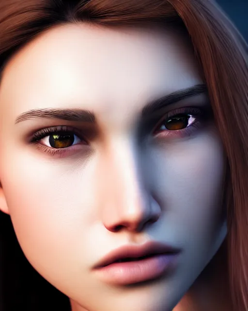 Image similar to realistic concept of a young female game character with big equilateral triangle in place of a mouth, detailed portrait, bokeh. 8k, sharp high quality photo