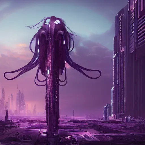 Image similar to a beautifully hyperdetailed matte painting of a Cyberpunk squid a scorched landscape emitting Violet and White blue energy, dusk, art by Albert Bierdstat, and Raphael Lacoste and Dave Noton, 4k, unreal engine, trending on artstation