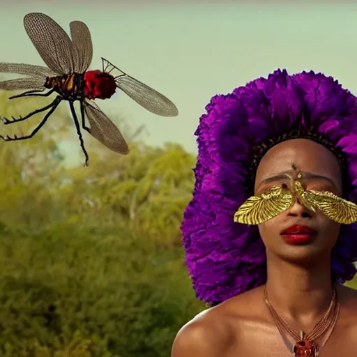 Image similar to over-shoulder film still of an african-american woman with short grey hair, a headdress made of red fern-leaf peony, wearing a black lace mask and gold dangly earrings, purple lipstick, speaking to a giant dragonfly from the adventure movie Life of Pi (2012) directed by Ang Lee and shot by Claudio Miranda