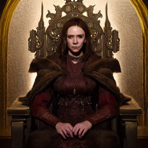 Image similar to the elder scrolls vi, charismatic regal brunette female jarl, portrait, throne room, atmospheric lighting, painted, intricate, volumetric lighting, beautiful, daytime, sunny weather, slight overcast, sharp focus, deep colours, ultra detailed, by leesha hannigan, ross tran, thierry doizon, kai carpenter, ignacio fernandez rios