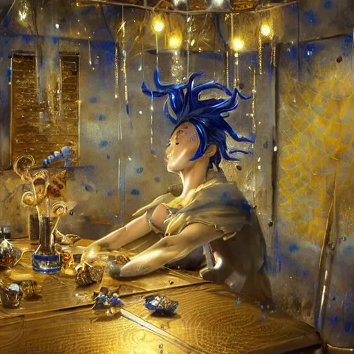 Image similar to an ethereal humanoid snake with hands, golden scales and blue accents scattered in its design, set in an empty tavern full of wispy blue spirits, warm yellow lights, art by yuji ikehata and satoshi kon, background art by miyazaki, realism, proper human male proportions, fully clothed, dungeons and dragons, anime