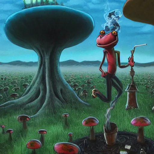 Image similar to A centered chest up portrait of a psychedelic demonic anthropomorphic frog smoking a hand-rolled cigarette smoking heavily , magic mushroom village in background . award winning. superb resolution. in the art style of junji Ito and greg rutkowski . Detailed Mushroom city in background. Hyper realistic anime. Perfect art. Dalle2