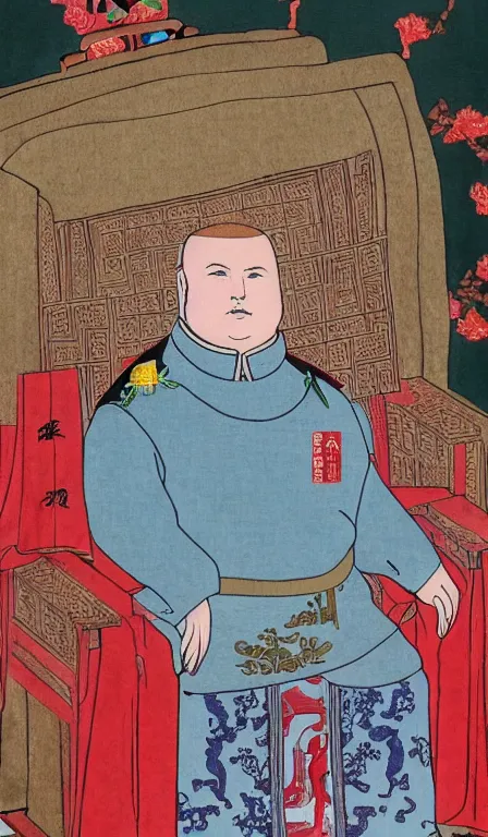 Prompt: Bobby Hill sits on his throne as emperor of Hill Dynasty China, ink and color on silk, imperial portrait