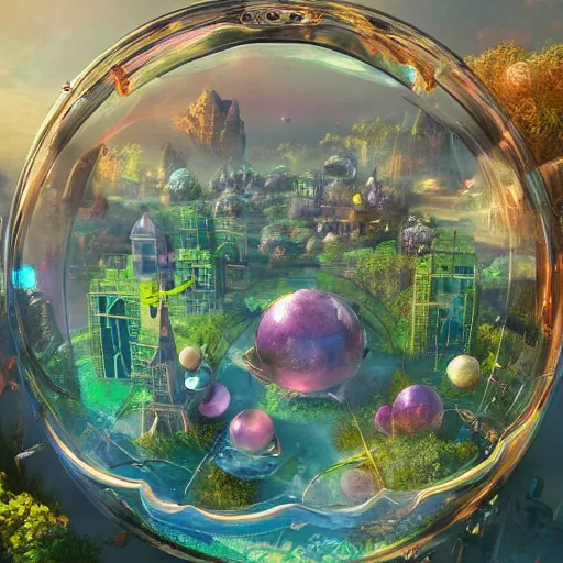 Prompt: a bubble terrarium utopia, with cities galore, dynamic lighting, fantasy concept art, trending on art station, stunning visuals, creative, cinematic, ultra detailed