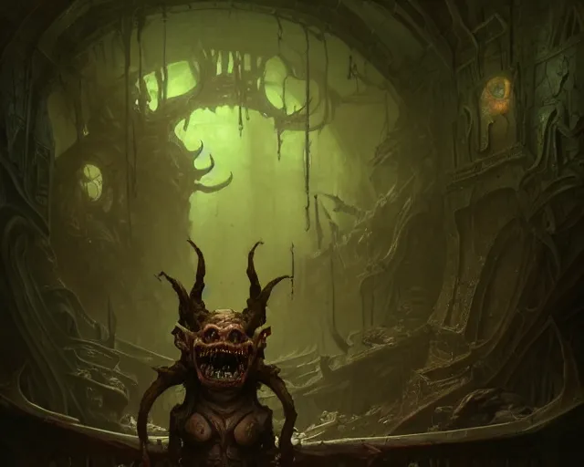 Image similar to 4 k cinematic still portrait of a goblin in a dark liminal space room, nurgle, deep focus, d & d, fantasy, intricate, repulsive, highly detailed, digital art, art station, concept art, matte, sharp focus, illustration, dark fantasy art, hearthstone, art by artgerm and greg rutkowski and alphonse mucha