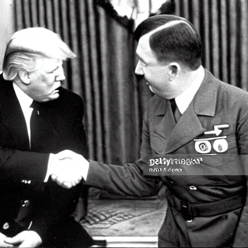 Image similar to Adolf Hitler shaking hands with Donald Trump in the oval office, press-photo, smiling, detailed