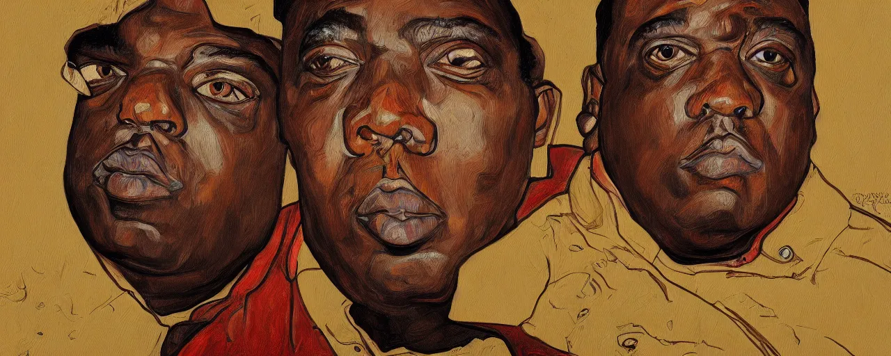 Image similar to a portrait of biggie smalls in style of egon schiele, masterpiece, hyperdetailed, complex, intricate, 4 k, trending on artstation