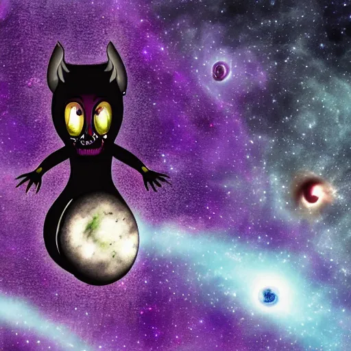 Image similar to An evil and terrifying creature in space in front of a purple nebula