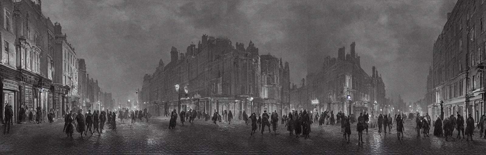 Image similar to London street september 6th, 1875, at night time, wideshot, cinematic