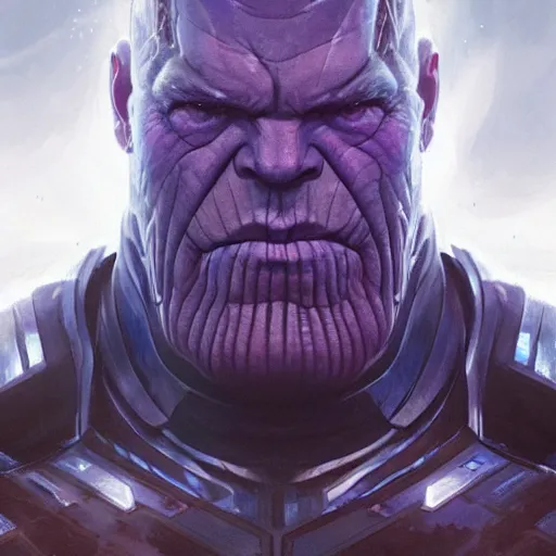 Image similar to close-up, symmetrical, portrait of Thanos, scowling, art by greg rutkowski, matte painting, trending on artstation
