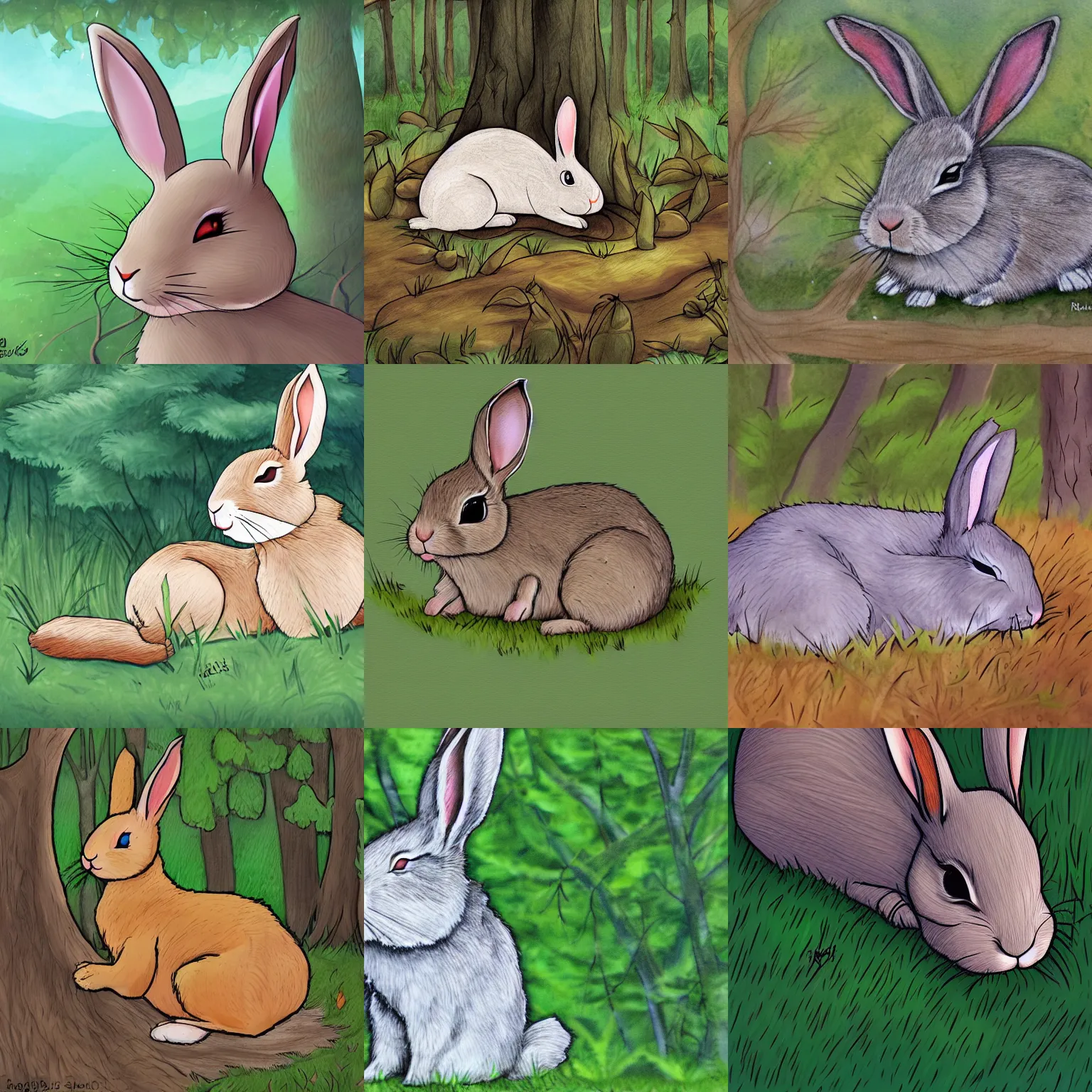 Prompt: rabbit sleeping in the forrest, by rassdraws