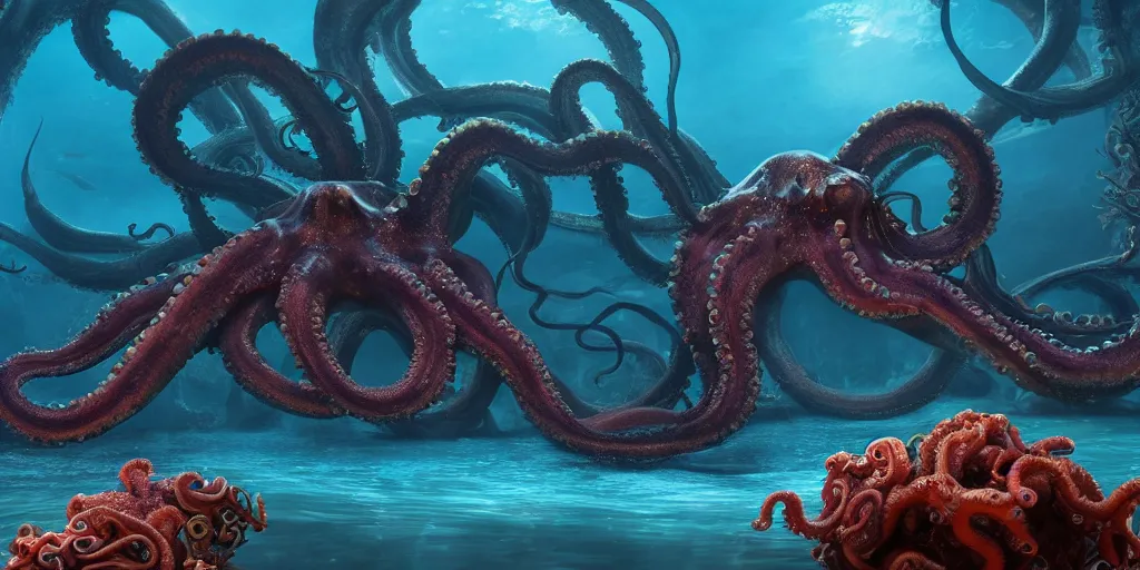 Image similar to underwater enviroment with a giant octopus boss creature with tentacles , unreal 5, hyperrealistic, realistic, photorealistic, dynamic lighting, highly detailed, cinematic landscape, studio landscape, studio lighting