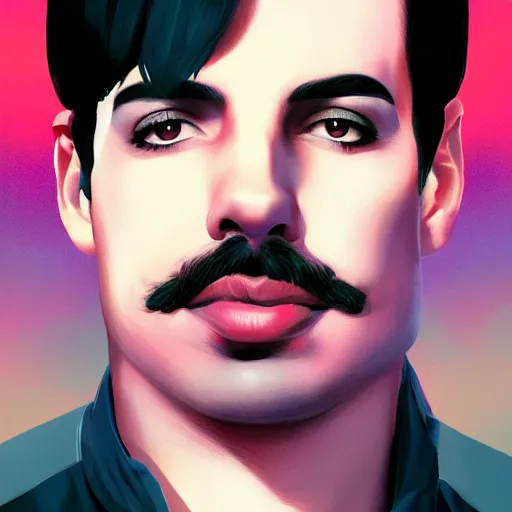 Image similar to portrait of freddie mercury, concert stage background, night time, dramatic lighting, ambient lighting, dynamic lighting, 4k, HQ, official media, anime key visual, makoto shinkai, ilya kuvshinov, lois van baarle, rossdraws, detailed, trending on artstation