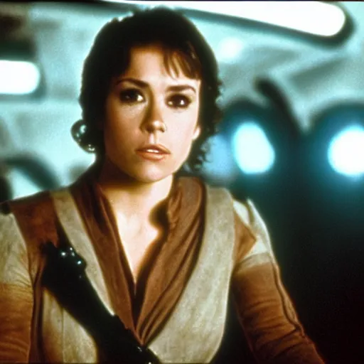 Image similar to A picture Alyssa Milano playing Han Solo. Beautiful Cinematic Photo. Still from Star Wars A New Hope.