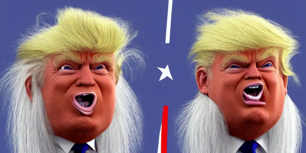 Image similar to Trump as Norwegian troll doll, hyperrealistic, character design