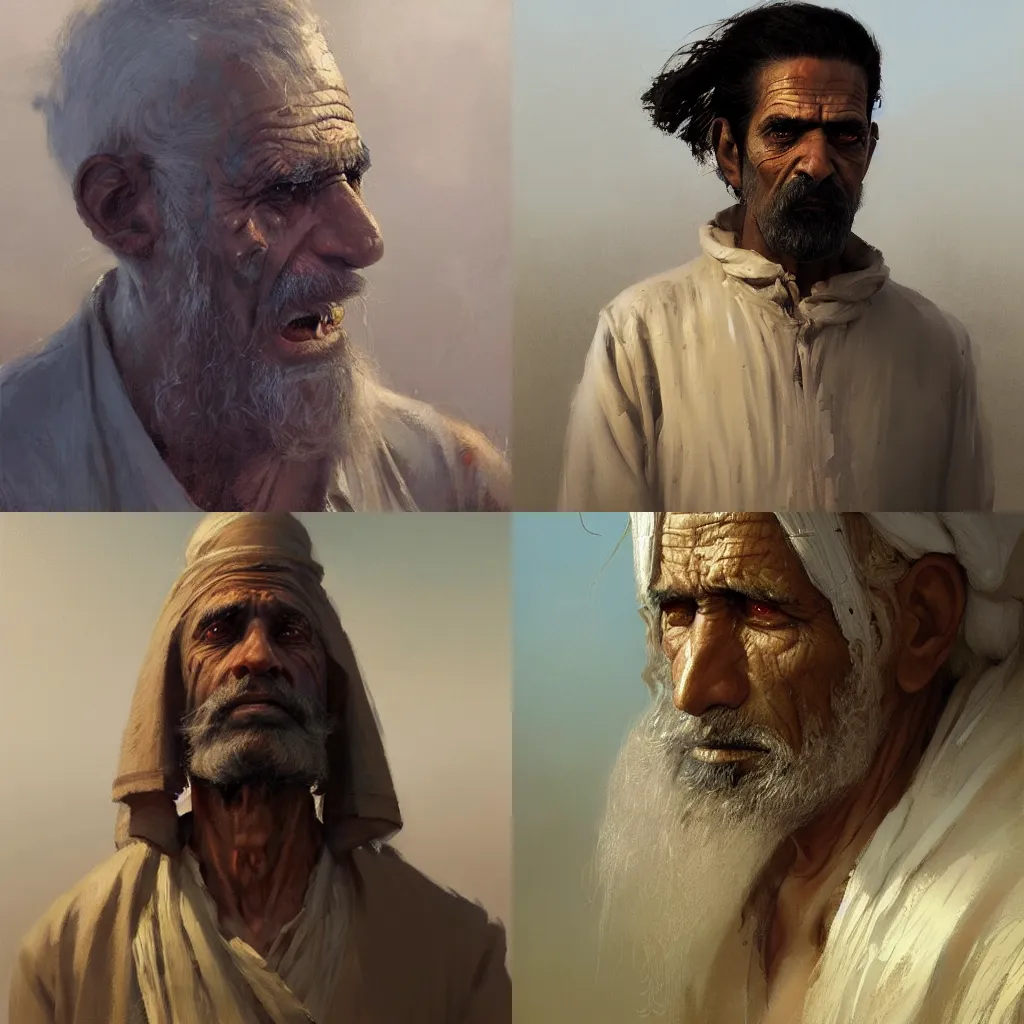 Prompt: masterpiece painting of a portrait of a long drealocked hair egyptian old man, white blind eyes wearing worn out clothes featured in artstation, concept art by Greg Rutkowski, WLOP, Dan Mumford, Christophe Vacher