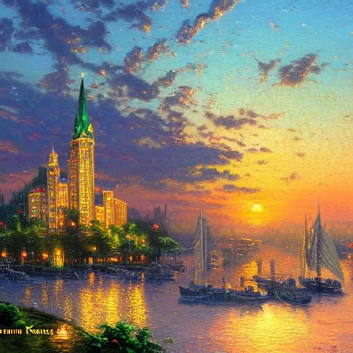 Prompt: Classical oil painting of the Emerald city at sunset by Thomas Kinkade