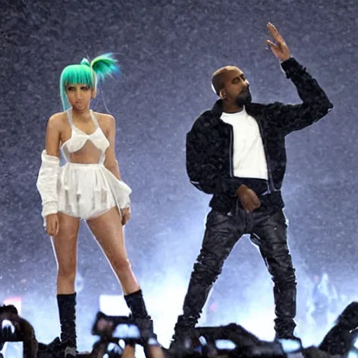 Prompt: Kanye west and Hatsune Miku performing at plaza de bolivar in armenia quindio while raining