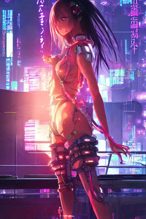 Image similar to anime key visua futuristic cyber warrior girl, on cyberpunk neon light tokyo rooftop, ssci - fi and fantasy, intricate and very beautiful, highly detailed and digital painting, concept art, smooth, illustration, art by l taekwon kim / a - rang style and liya nikorov and rongzhen luo and rossdraws