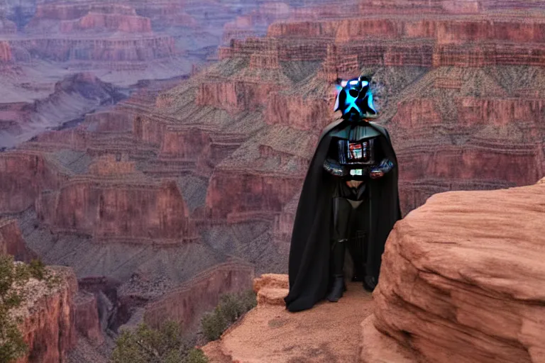 Prompt: darth vader visiting the grand canyon for the first time, excited, excited, excited, 4 k photography