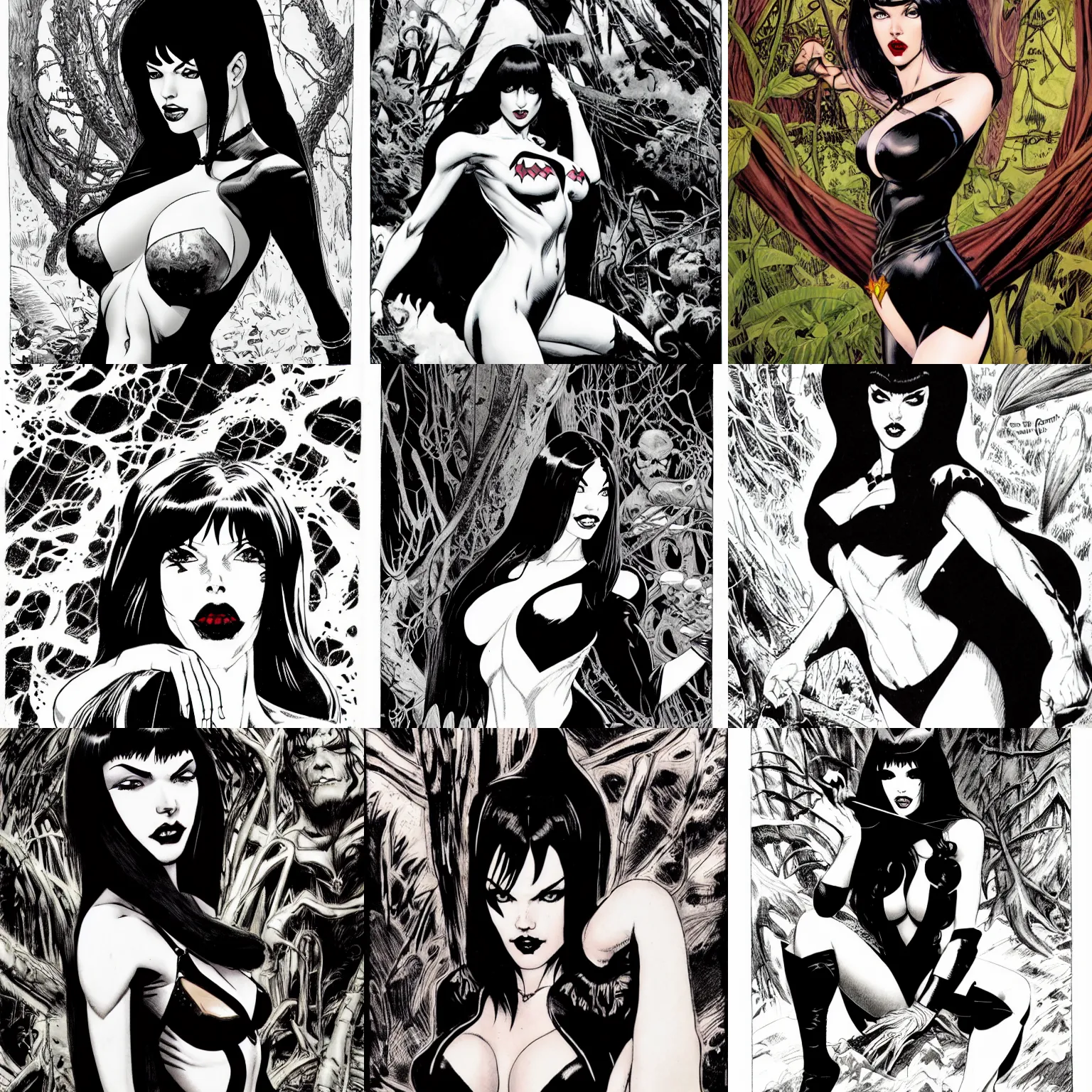 Prompt: portrait of vampirella, pale skin, black hair, marvel comics, dark, vampire, sorceress, intricate, overgrown swamp, queen, highly detailed, smooth, black and white, comic inks, cross haching, by frank frazetta and nick bradshaw, and arthur adams