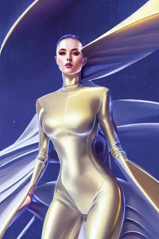 Image similar to detailed portrait glam cyber noun, attractive feminine curves, intricate, scifi, futuristic, elegant cape, elegant, alien room background, white, blue, gold, photorealism, trending on artstation, holy halo, advanced technology, art by moebius and vitaly bulgarov and chanthara