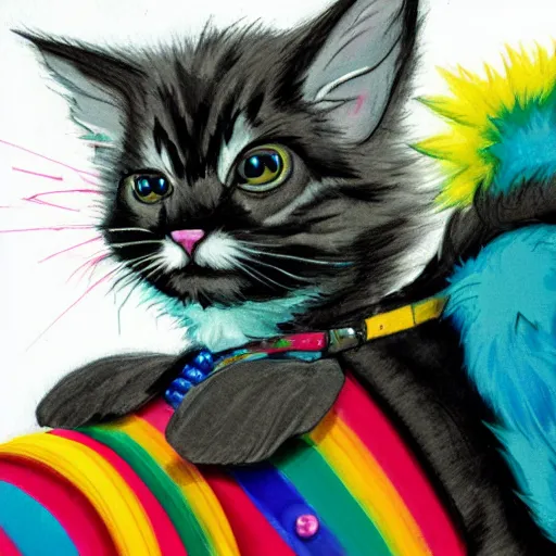 Image similar to wide angle full body, of a fluffy cute rainbow kitten wearing a black motorcycle jacket, concept art