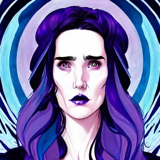 Image similar to in the style of Joshua Middleton comic art, beautiful witch spooky female, Jennifer Connelly, blue and purple glowing hair, perfect eyes perfect symmetrical eyes, symmetrical face, black magic, dark forest background, painterly style