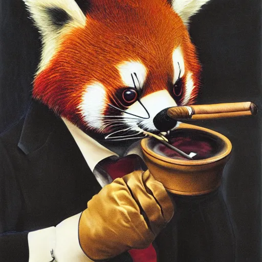 Prompt: Portrait of an anthropomorphic Red Panda crime boss smoking a cigar wearing an eyepatch in a dark room Very high quality. Drawn by James Christensen