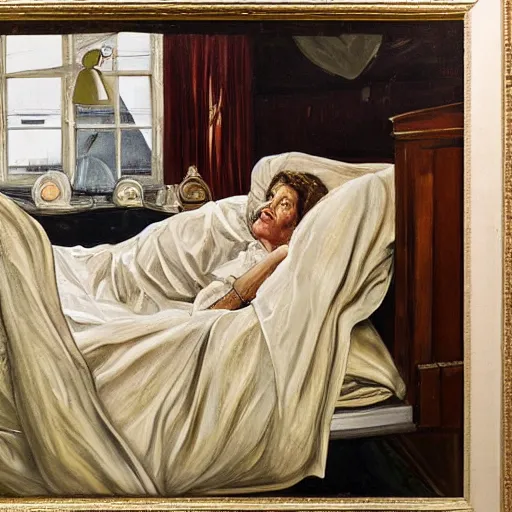 Image similar to lucian freud painting of ema stone on a victorian bed in a big old room, wide shot