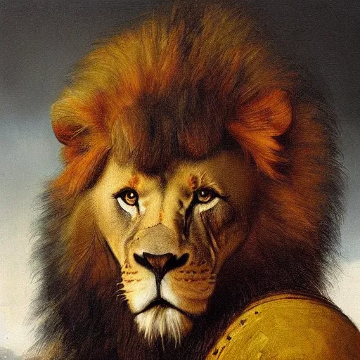 Prompt: lion warrior , very textured detailed oil painting portrait by rembrandt