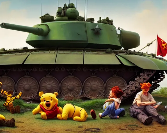 Image similar to winnie the pooh protesters sit down in front of tank at tiananman square, cute and cuddly, highly detailed, photorealistic, octane render, 8 k, unreal engine. art by artgerm and greg rutkowski and alphonse mucha