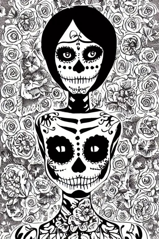 Image similar to Illustration of a sugar skull day of the dead girl, art by junji ito