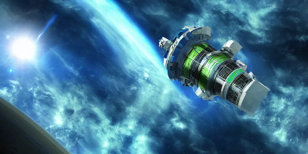 Prompt: spacestation orbiting a blue and green planet wallpaper HD