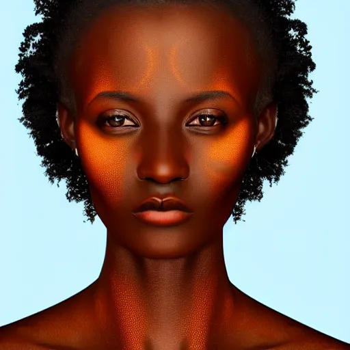 Image similar to UHD African woman, realistic, correct details, cosmic dynamic lighting, symmetrical face, accurate face, in the style of renaissance Michelangelo