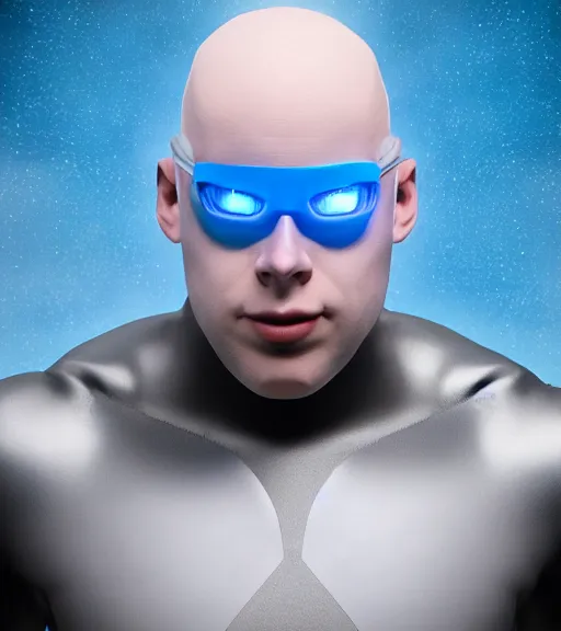 Image similar to bald albino man wearing silver goggles and an electric blue super hero suit, generates lightning from his hands, sharp, trending on artstation, unreal engine, octane render, cgsociety, artgerm, award - winning, focus, highly detailed