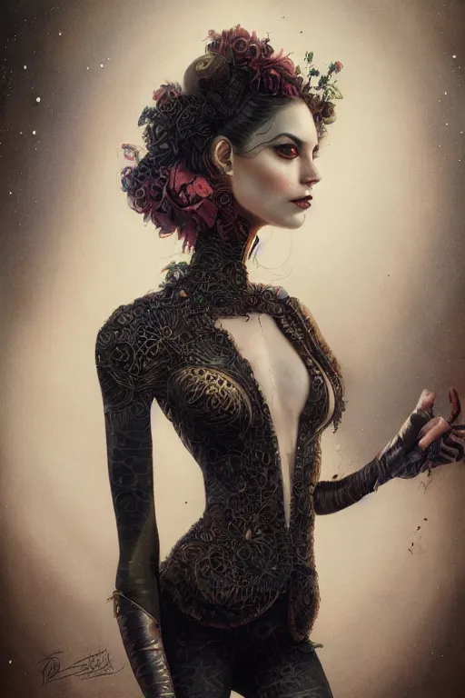 Prompt: Adventure pulp portrait of a beautiful female dollpunk with thin lustrous hair wearing a full bodysuit, focus, detailed, realistic eyes, symmetric body features proportions, intricate details, award winning, by Tom Bagshaw