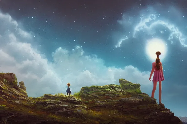 Image similar to giant white daisy flower over head, girl standing on rocky cliff, surreal photography, super nova, milky way, dramatic light, impressionist painting, colorful clouds, digital painting, artstation, simon stalenhag